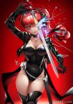  1girl black_footwear black_jacket black_leotard boots breasts cleavage gloves highres jacket leotard long_hair looking_at_viewer patreon_username persona persona_5 persona_5_the_royal ponytail red_background red_eyes red_gloves red_hair solo sword thigh_boots thighhighs weapon yoshizawa_kasumi zasshu 