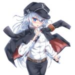  1girl alternate_costume belt black_coat black_headwear black_pants blue_eyes brown_belt coat coat_on_shoulders dual_wielding gakuran hat hibiki_(kancolle) highres holding kantai_collection long_hair long_sleeves pants riretsuto school_uniform shirt silver_hair solo tonfa weapon white_shirt 