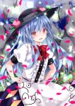  1girl :d bangs black_headwear blue_hair blue_skirt blurry blush bow bowtie cloud cloudy_sky commentary_request cowboy_shot day depth_of_field eyebrows_visible_through_hair falling_petals flat_chest flower flower_request food fruit hands_on_hips hat hinanawi_tenshi long_hair looking_at_viewer nanase_nao nose_blush open_mouth outdoors peach petals pink_flower puffy_short_sleeves puffy_sleeves red_bow red_eyes red_neckwear shirt short_sleeves skirt sky smile solo sparkle touhou very_long_hair white_shirt 