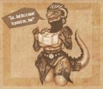  annoyed areye_(artist) argonian armor bethesda_softworks breasts clothed clothing clothing_lift dialogue digital_media_(artwork) fantasy feathers female furgonomics hi_res horn humanoid humor jewelry scalie shirt shirt_lift sketch skimpy skimpy_armor solo speech_bubble tail_bag tail_feathers text the_elder_scrolls thick_thighs thong topwear unconvincing_armor under_boob underwear video_games wide_hips 