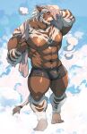  2021 abs anthro beard biceps blue_eyes braided_hair brown_body bulge clothed clothing facial_hair felid final_fantasy final_fantasy_xiv fur hair hi_res hrothgar kokuhane male mammal mature_anthro mature_male muscular muscular_anthro muscular_male mustache nipples pecs pubes quads skimpy solo square_enix standing steam towel towel_on_shoulder triceps underwear video_games white_hair 