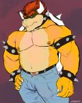  4:5 5_fingers anthro armband balls belly belt belt_buckle biceps blue_bottomwear blue_clothing blue_jeans blue_pants bottomwear bowser bracelet bulge claws clothed clothing collar denim denim_clothing eyebrows fingers genital_outline genitals hair hand_on_hip hi_res horn jeans jewelry koopa leather looking_at_viewer male mario_bros musclegut muscular muscular_anthro muscular_male nintendo nipple_piercing nipples pants papyreit pecs penis penis_outline piercing red_hair reptile scalie shell slightly_chubby solo spiked_armband spiked_bracelet spiked_collar spiked_shell spikes spikes_(anatomy) thick_eyebrows topless topless_male video_games yellow_body 