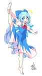  1girl :d ankle_grab bangs barefoot blue_bow blue_dress bow bowtie cirno commentary_request dress eyebrows_visible_through_hair full_body hair_bow highres ice ice_wings kneepits looking_at_viewer open_mouth partial_commentary red_bow red_neckwear shirt short_hair short_sleeves signature simple_background smile solo split standing standing_on_one_leg standing_split touhou umigarasu_(kitsune1963) white_background white_shirt wings 