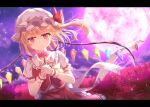  1girl blonde_hair blurry blurry_background blush collar commentary crystal eyebrows_visible_through_hair flandre_scarlet flower frilled_collar frilled_sleeves frills hat hat_ribbon holding holding_flower letterboxed liuliu looking_at_viewer mob_cap moon night puffy_short_sleeves puffy_sleeves red_eyes red_flower red_ribbon red_skirt red_vest ribbon shirt short_sleeves side_ponytail skirt smile solo spider_lily tears touhou upper_body vest white_headwear white_shirt wings wrist_cuffs 