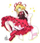  1girl :o bangs black_shirt blonde_hair bloomers bow bowtie eyebrows_visible_through_hair full_body green_eyes hair_ribbon highres looking_at_viewer medicine_melancholy open_mouth paw_pose petticoat red_bow red_footwear red_neckwear red_ribbon red_skirt ribbon ribbon-trimmed_shirt ribbon-trimmed_skirt ribbon_trim shirt short_sleeves signature simple_background skirt socks solo star_(symbol) touhou umigarasu_(kitsune1963) underwear white_background white_legwear 