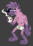  anthro barefoot beverage black_nose blue_eyes briefs clothed clothing coffee coffee_cup feet fur goronic grey_background hair hi_res hyaenid male mammal mohawk purple_body purple_fur purple_hair simple_background solo steam teeth_showing tighty_whities tired topless underwear underwear_only white_clothing white_underwear 