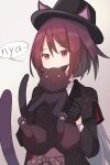  1girl :3 animal animal_ears arknights belt black_cat black_gloves black_headwear black_jacket breasts cat cat_ears cat_girl cat_tail commentary_request ears_through_headwear gloves hair_between_eyes half_gloves hat highres holding holding_animal holding_cat jacket long_hair long_sleeves looking_at_viewer medium_breasts melantha_(arknights) melantha_(letters_from_wessex)_(arknights) nyan official_alternate_costume open_clothes open_jacket plaid purple_eyes purple_hair sanukiske shirt solo speech_bubble tail top_hat undershirt upper_body white_shirt 