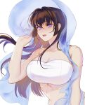  1girl bandeau bangs breasts brown_hair cleavage hair_between_eyes hair_intakes hand_up highres koaaan large_breasts long_hair looking_at_viewer midriff original parted_lips purple_eyes simple_background solo stomach strapless tubetop upper_body white_background 