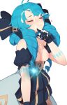  1girl absurdres ahoge bare_shoulders black_gloves blue_eyes blue_hair blush breasts breasts_outside closed_eyes closed_mouth cum cum_on_body cum_on_clothes cum_on_gloves cum_on_hair drill_hair facial gloves glowing gwen_(league_of_legends) heart highres league_of_legends long_hair pepper0 simple_background solo steam white_background 