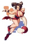  1girl bangs breasts brown_eyes brown_hair cleavage collarbone english_commentary fatal_fury fighting_stance floating_clothes highres large_breasts leaning_forward long_hair ninja open_hand parted_bangs pelvic_curtain ponytail shiranui_mai snowcie the_king_of_fighters the_king_of_fighters_xiii white_background 