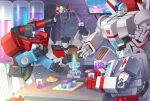  4boys autobot blue_eyes cup energon energon_cube highres holding holding_cup jetfire lantana0_0 looking_at_viewer looking_down mecha multiple_boys no_humans open_hands perceptor ratchet sitting transformers v-fin waving wheeljack 