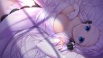  1girl azur_lane black_ribbon blue_eyes breasts cleavage dress elbow_gloves from_above gloves hair_ribbon highres illustrious_(azur_lane) large_breasts long_hair looking_at_viewer looking_up lying on_back on_bed ribbon sleeveless sleeveless_dress solo strapless uroq very_long_hair white_dress white_gloves white_hair 