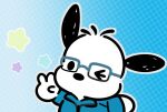  anthro canid canine canis domestic_dog eyewear glasses male mammal pacaprincess pochacco sanrio simple_background solo star sweatshirt 