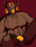  anthro bovid bovine cattle clothed clothing colored fur genitals hi_res horn male mammal muscular muscular_anthro muscular_male nipples pecs penis piercing scarletbite simple_background smile solo 