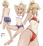  1girl absurdres armpit_crease ass bandeau bare_legs barefoot bikini blonde_hair blush breasts capelet cropped_arms cropped_legs cutoffs denim denim_shorts fate/grand_order fate_(series) from_behind from_below from_side green_eyes groin hands_in_hair highres kiritzugu legs looking_at_viewer looking_back mordred_(fate) mordred_(fate)_(all) mordred_(swimsuit_rider)_(fate) navel nose_blush open_mouth pantylines ponytail red_bikini red_scrunchie scrunchie shorts small_breasts smile swimsuit tan tanline toned white_background 