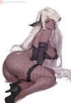  1girl ass breasts cutesexyrobutts dark_skin fishnet_legwear fishnets garter_belt high_heels highres large_breasts long_hair nipples pointy_ears red_eyes simple_background solo thick_thighs thighs very_long_hair white_background white_hair 
