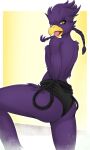  angry anthro avian bird braided_hair butt clothed clothing feathers female hair hi_res hiding moonfluffmf presenting purple_body purple_feathers rear_view solo yellow_eyes 