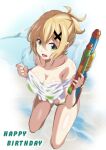  1girl absurdres akatsuki_kirika beach bikini blonde_hair breasts cleavage green_bikini green_eyes highres koyasu_kazu looking_at_viewer medium_breasts open_mouth ponytail sand see-through senki_zesshou_symphogear shiny shiny_hair shiny_skin shirt short_hair short_ponytail smile solo swimsuit water water_gun wet wet_clothes wet_shirt 