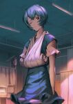  1girl absurdres arm_at_side arm_sling ayanami_rei blue_dress blue_hair cast dress eyepatch highres hospital huge_filesize indoors intravenous_drip kneeichigo looking_at_viewer monitor neon_genesis_evangelion red_eyes short_hair short_sleeves solo standing 