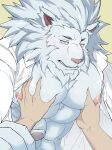  abs anthro bodily_fluids disembodied_hand duo felid fur godagodadp07 green_eyes groping_chest hi_res lactating lion male male_lactation mammal nipples pantherine pecs snow_(tas) tokyo_afterschool_summoners video_games white_body white_fur 