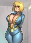  1girl :&gt; arms_behind_back black_eyes blue_jumpsuit bob_cut breasts cleavage curvy eyebrows_visible_through_hair fallout_(series) fallout_4 highres huge_breasts kelvin_hiu navel no_bra popped_collar short_hair solo standing vault_girl vault_suit 