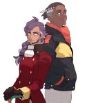  2boys absurdres alternate_costume alternate_hairstyle braid braided_ponytail brown_gloves brown_hair buttons closed_mouth commentary_request cravat dark_skin dark_skinned_male earrings facial_hair gloves hair_tie hand_in_pocket highres jacket jewelry korean_commentary leon_(pokemon) long_hair long_sleeves male_focus multiple_boys older pants pokemon pokemon_(game) pokemon_swsh purple_hair raihan_(pokemon) redlhzz simple_background smile tailcoat tied_hair undercut white_background white_neckwear white_pants yellow_eyes 