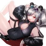  1girl :d animal_ears arknights arm_support arm_up bangs bare_shoulders black_dress black_footwear black_hair black_jacket breasts china_dress chinese_clothes cleavage cleavage_cutout clothing_cutout commentary_request dress eyewear_on_head fang feater_(arknights) from_above grey_hair hair_over_one_eye highres ichibi jacket knees_up large_breasts leg_belt long_hair long_sleeves looking_at_viewer looking_up multicolored_hair off_shoulder open_mouth panda_ears red_eyes shoes sitting sleeveless sleeveless_dress smile solo streaked_hair sunglasses thick_eyebrows thighs twintails white_background 