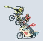  3boys absurdres antennae armor belt crossover gloves grey_background ground_vehicle highres horns kamen_rider kamen_rider_01_(series) kamen_rider_1 kamen_rider_kuuga kamen_rider_kuuga_(series) kamen_rider_zero-one kicking motor_vehicle motorcycle multiple_boys naitsupic on_motorcycle red_eyes rider_belt riding scarf simple_background trychaser 