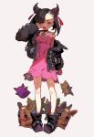  1girl ankle_boots asymmetrical_bangs bangs black_choker black_footwear black_hair black_jacket black_nails blush boots choker commentary dress earrings english_commentary gen_8_pokemon hair_ribbon hand_up highres holding holding_poke_ball jacket james_ghio jewelry long_sleeves marnie_(pokemon) morpeko morpeko_(full) morpeko_(hangry) mouth_pull nail_polish off_shoulder open_clothes open_jacket pigeon-toed pink_dress poke_ball poke_ball_(basic) pokemon pokemon_(creature) pokemon_(game) pokemon_swsh red_ribbon ribbon standing 