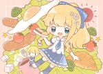  2girls bangs blonde_hair blue_eyes blue_legwear blue_neckwear blue_skirt blush bow broccoli chibi croissant cup double_bun egg flower food fork hair_bow hair_flower hair_ornament highres holding holding_fork holding_plate long_hair mug multiple_girls nada_namie open_mouth original plate ponytail sausage shirt short_sleeves sidelocks signature skirt star_(symbol) steam sugar_cube sunny_side_up_egg thighhighs tomato 