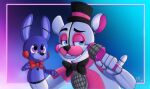  2020 ambiguous_gender animatronic anthro black_nose blazemizu blue_background blue_eyes bow_tie close-up clothing duo five_nights_at_freddy&#039;s funtime_freddy_(fnafsl) half-closed_eyes hat headgear headwear lagomorph leporid long_ears looking_at_viewer looking_away machine male mammal microphone multicolored_body narrowed_eyes open_mouth pawpads paws pink_body portrait puppet puppet_bonnie_(fnafsl) purple_background purple_body purple_eyes rabbit raised_finger raised_pinky robot rosy_cheeks round_ears simple_background singer sister_location size_difference smile smug standing teeth tongue toony top_hat ursid video_games white_body 