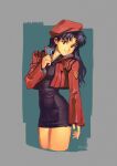  1girl aqua_background artist_name beret black_dress border cropped_jacket cropped_legs dress grey_border hat highres jacket katsuragi_misato looking_at_viewer neon_genesis_evangelion optionaltypo purple_eyes purple_hair red_headwear red_jacket smile solo 