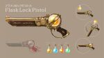  alchemy arrow_(symbol) beige_background commentary_request english_text fantasy flask gears gun hands highres no_humans original sasaki_(sasaki1de0) simple_background weapon weapon_focus 