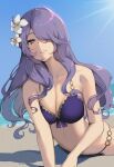  1girl alternate_costume bare_arms bare_shoulders beach bikini blue_sky breasts camilla_(fire_emblem) cleavage day fire_emblem fire_emblem_fates fire_emblem_heroes flower front-tie_bikini front-tie_top grin hair_flower hair_ornament hair_over_one_eye highres large_breasts long_hair looking_at_viewer milka_(milk4ppl) o-ring o-ring_bikini outdoors purple_bikini purple_eyes purple_hair sky smile solo stomach sunlight swimsuit wavy_hair white_flower 