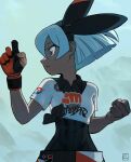  1girl bangs bea_(pokemon) black_bodysuit black_hairband bodysuit bodysuit_under_clothes bow_hairband breasts clenched_hand closed_mouth collared_shirt commentary covered_navel dark_skin dark_skinned_female english_commentary frown gloves grey_eyes grey_hair gym_leader hairband hands_up john_crayton looking_to_the_side pokemon pokemon_(game) pokemon_swsh print_shirt print_shorts shirt short_hair short_sleeves shorts single_glove solo tied_shirt wristband 