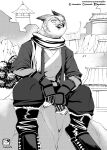  absurd_res anthro armor avian beak biped boots clothed clothing detailed_background digitigrade footwear greyscale hi_res male monochrome murazaki outside scarf sitting solo 