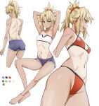  1girl absurdres armpit_crease ass bandeau bare_legs barefoot bikini blonde_hair blush breasts capelet cropped_arms cropped_legs cutoffs denim denim_shorts fate/grand_order fate_(series) from_behind from_below from_side green_eyes groin hands_in_hair highres kiritzugu legs looking_at_viewer looking_back mordred_(fate) mordred_(fate)_(all) mordred_(swimsuit_rider)_(fate) navel nose_blush open_mouth pantylines ponytail red_bikini red_scrunchie scrunchie shorts small_breasts smile swimsuit tan tanline white_background 