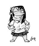  1boy artist_name bangs collared_shirt commentary cosplay crossdressing dark_skin dark_skinned_male dress_shirt ed_edd_n_eddy eddy_(ed_edd_n_eddy) full_body gerph greyscale grin hair_ornament hairclip highres ijiranaide_nagatoro-san male_focus monochrome nagatoro_hayase nagatoro_hayase_(cosplay) panties pleated_skirt romaji_commentary shirt shoes short_sleeves signature simple_background skirt smile smirk solo standing thick_eyebrows underwear v-shaped_eyebrows white_background 