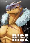  agitype01 anthro bare_chest black_sclera blue_body blue_scales capcom english_text flying_wyvern hi_res looking_at_viewer male monster_hunter muscular muscular_anthro muscular_male pecs scales scar sharp_teeth solo teeth text tigrex video_games yellow_body yellow_eyes yellow_scales 