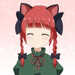  1girl ^_^ animal_ears bangs black_bow blunt_bangs blush bow braid cat_ears cato_(monocatienus) closed_eyes commentary dress eyebrows_visible_through_hair facing_viewer gradient gradient_background green_dress hair_bow highres kaenbyou_rin long_hair pink_background portrait puffy_sleeves red_hair simple_background smile solo sparkle_background touhou twin_braids 