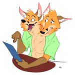  anthro canid canine clothed clothing conjoined duo fox kobi_lacroix male male/male mammal menu multi_head open_clothing open_shirt open_topwear reading shirt sitting topwear 