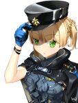  1girl artist_name artist_request bangs black_cape black_headwear blonde_hair blue_gloves cape eyebrows_visible_through_hair girls_frontline gloves green_eyes hand_on_headwear hat highres looking_at_viewer mod3_(girls_frontline) short_hair signature simple_background solo upper_body welrod_mk2_(girls_frontline) white_background 