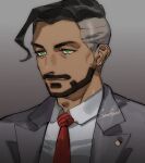  1boy black_hair business_suit closed_mouth collared_shirt dark_skin dark_skinned_male earrings facial_hair formal green_eyes grey_background grey_jacket highres jacket jewelry male_focus necktie pokemon pokemon_(game) pokemon_swsh red_neckwear rose_(pokemon) seonforest shirt short_hair signature solo suit symbol_commentary undercut white_shirt 