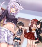  4girls :d absurdres animal_ears black_blouse black_hair blouse blush brown_hair buttons cat_ears cat_girl cat_tail cheek-to-cheek cowboy_shot crop_top dog_ears dog_girl dog_tail double-breasted face_punch groin highres hololive in_the_face indoors inugami_korone looking_at_viewer midriff multiple_girls navel nekomata_okayu nootomo ookami_mio oozora_subaru open_mouth punching purple_eyes purple_hair room sailor_collar sailor_shirt shirt shorts smile stomach tail thighhighs virtual_youtuber white_shorts wolf_ears wolf_girl 