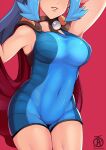  1girl arm_up blue_bodysuit bodysuit breasts cape choker clair_(pokemon) commentary covered_navel english_commentary gym_leader head_out_of_frame legs_together light_blue_hair long_hair parted_lips pokemon pokemon_(game) pokemon_hgss ponytail red_background revolverwing simple_background smile solo watermark 