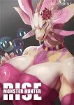  agitype01 anthro big_breasts blue_eyes breasts bubble capcom cleavage clothed clothing collar english_text female fin head_fin hi_res leviathan_(mh) mizutsune monster_hunter non-mammal_breasts pink_body pink_scales scales scalie shoulderless_dress simple_background solo text video_games white_body white_scales 