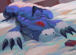  claws closed_eyes commentary_request digimon digimon_(creature) digital_media_player dorumon dutch_angle facing_viewer fangs fangs_out forehead_jewel kira_(kira_dra) lying no_humans on_bed on_stomach sleeping solo twitter_username 