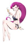  1girl alternate_costume barefoot bikini black_bikini blue_eyes blush bracelet breasts champagne_flute cleavage commentary_request cup drinking_glass earrings hand_up holding invisible_chair jessie_(pokemon) jewelry liquid long_hair open_mouth pokemon pokemon_(anime) purple_hair relaxjon side-tie_bikini signature simple_background sitting smile solo swimsuit team_rocket toes tongue white_background 