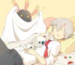 1boy aron bad_id bad_pixiv_id bangs blanket bubble buttons closed_eyes collared_shirt eto_(reve) flying_sweatdrops gen_3_pokemon grey_hair grey_pants head_on_pillow jewelry lileep lying male_focus necktie on_back on_bed pants pillow pokeblock pokemon pokemon_(creature) pokemon_(game) pokemon_rse red_neckwear ring shirt short_hair sleeping sleeves_rolled_up steven_stone white_shirt 