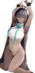  1girl absurdres aqua_neckwear armpits arms_up bangs black_hair blue_archive blush bow bowtie breasts chain chained collared_leotard covered_navel dark_skin dark_skinned_female eyebrows_visible_through_hair highres impossible_clothes impossible_leotard karin_(blue_archive) kneeling large_breasts leotard long_hair looking_at_viewer maid_headdress open_mouth raru_(nanaharararu) restrained simple_background solo very_long_hair white_background white_leotard yellow_eyes 